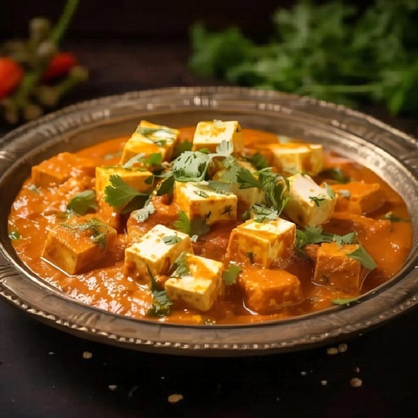 Paneer butter masala, an Indian dish with paneer cubes in a rich orange gravy, garnished with cilantro.