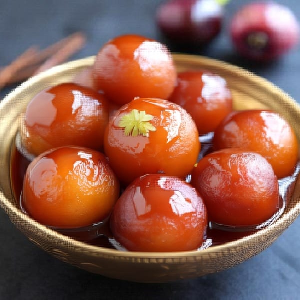 A golden bowl filled with glistening Gulab Jamun, an Indian dessert, garnished with a small green leaf.