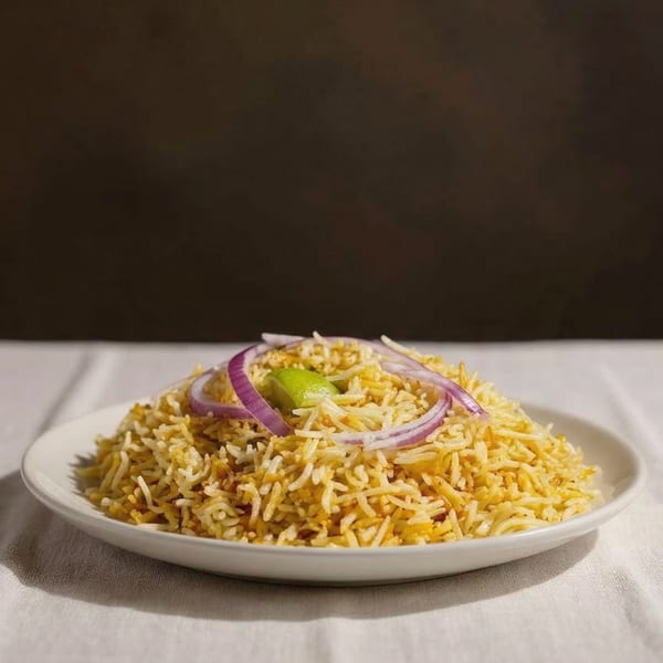 A plate of Tandoor Tavern's Indian biryani rice, garnished with red onion and lime.