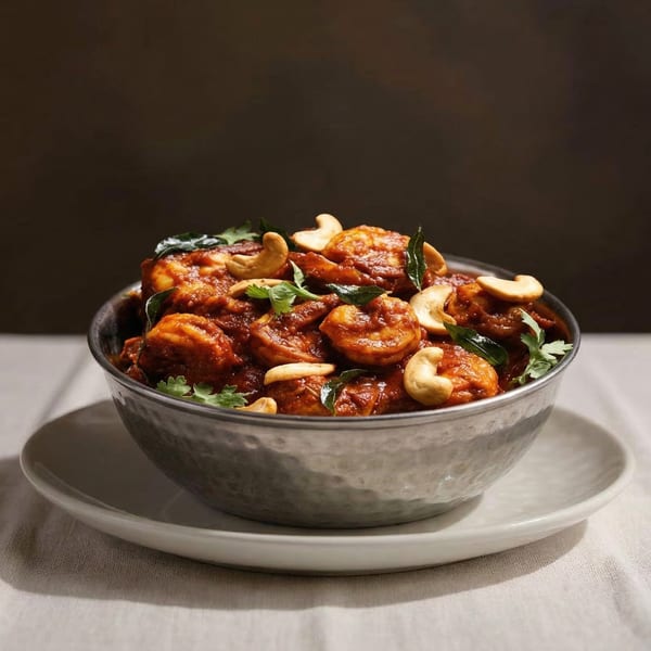 A bowl of Indian shrimp curry with cashews and fresh herbs, served at Tandoor Tavern.