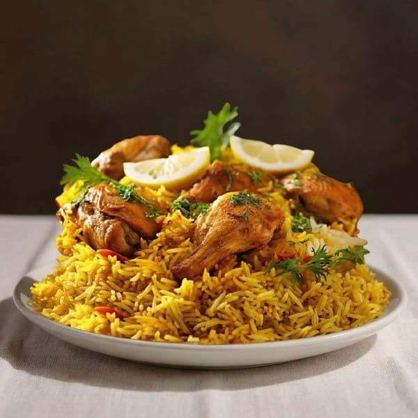 Tandoor Tavern's chicken biryani, a vibrant Indian dish with golden rice, chicken pieces, and lemon.