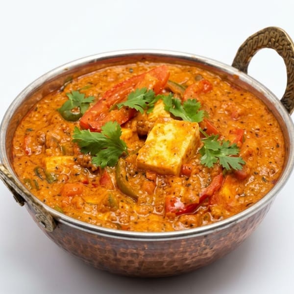 Tandoor Tavern's paneer butter masala, a rich orange curry with paneer, peppers, and cilantro in a copper bowl.