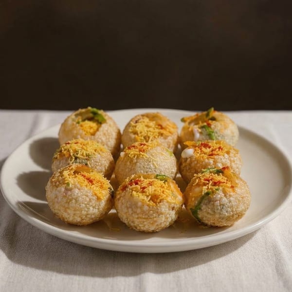 Nine pani puri, filled with various toppings and spices, arranged on a white plate.