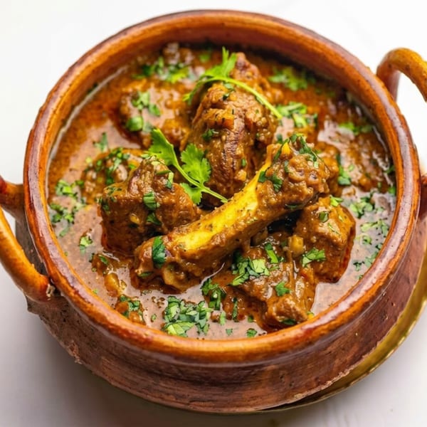 Rich Indian lamb curry with bone-in pieces and fresh cilantro in a rustic clay pot.